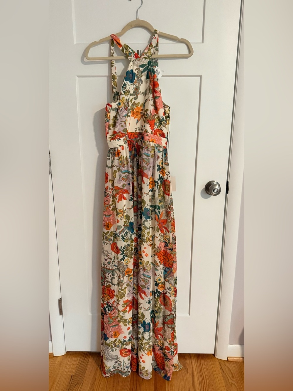 Lulu's Cream Maxi Halter Dress with Multicolor Floral Accents